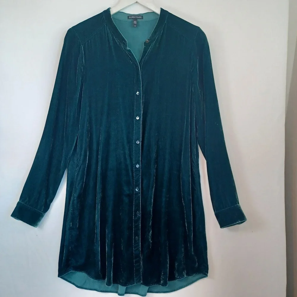 Eileen Fisher Velvet Mandarin Collar Button Front‎ Shirt Dress Size Sm Teal